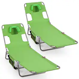 Gymax - 2PCS Tanning ChairFolding Beach Lounge Chair w/5-Position Adjustable Backrest - Green