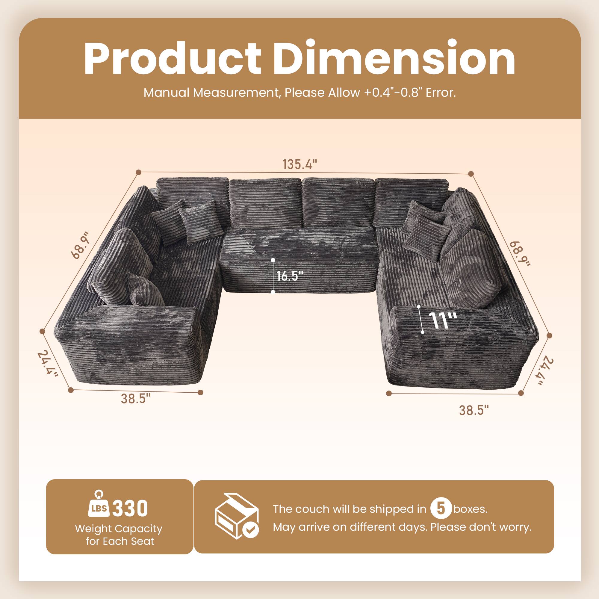 Product Dimension  
Manual Measurement, Please Allow +0.4"-0.8" Error.  

135.4"  
68.9"  
9"  
16.5"  
68.9"  
24.4"  
38.5"  
11"  
38.5"  
24.4"  

LBS 330  
Weight Capacity for Each Seat  

The couch will be shipped in 5 boxes.  
May arrive on different days. Please don't worry.