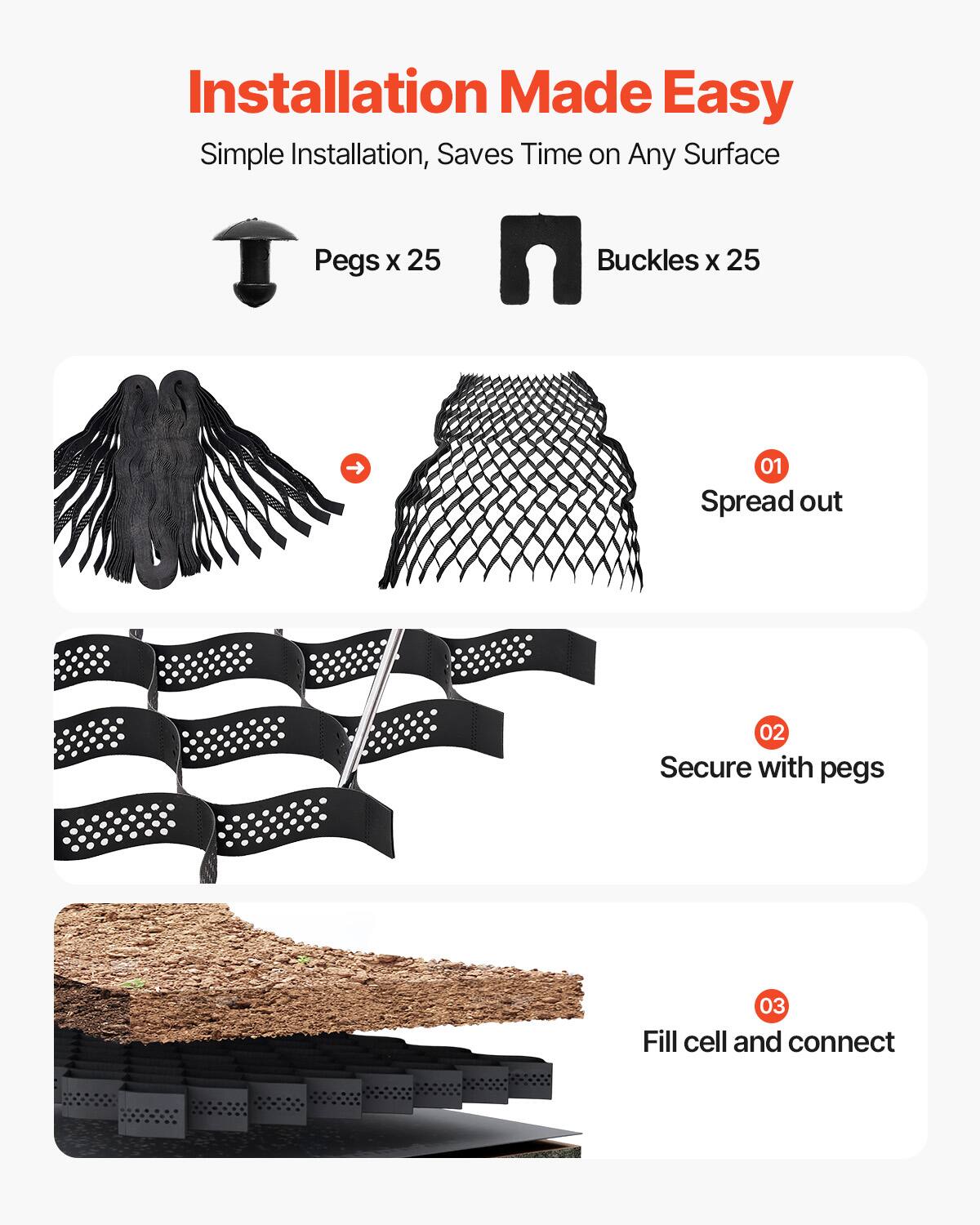 Installation Made Easy
Simple Installation, Saves Time on Any Surface
Pegs x 25
Buckles x 25
01 Spread out
02 Secure with pegs
03 Fill cell and connect