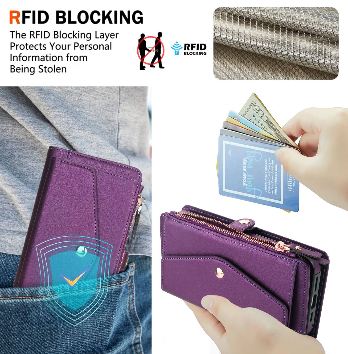 RFID BLOCKING  
The RFID Blocking Layer Protects Your Personal Information from Being Stolen  

RFID BLOCKING 20 ML 09212  

Stay safe. Check in before you arrive. Download Hemaze Hilto!