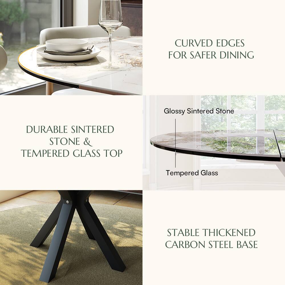 CURVED EDGES FOR SAFER DINING

DURABLE SINTERED STONE & TEMPERED GLASS TOP

Glossy Sintered Stone
Tempered Glass

STABLE THICKENED CARBON STEEL BASE