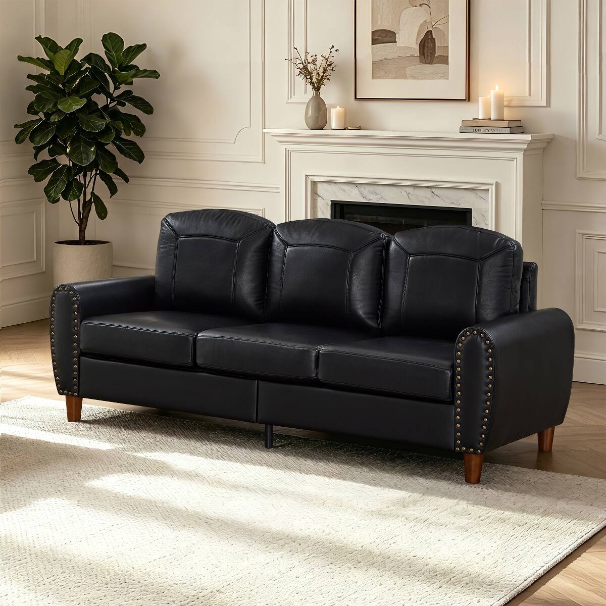 Angle. Ropilly - Ropilly Black Faux Leather Sofa with Rolled Arms, Three Seat Living Room Couch with Solid Wood Legs - Black.