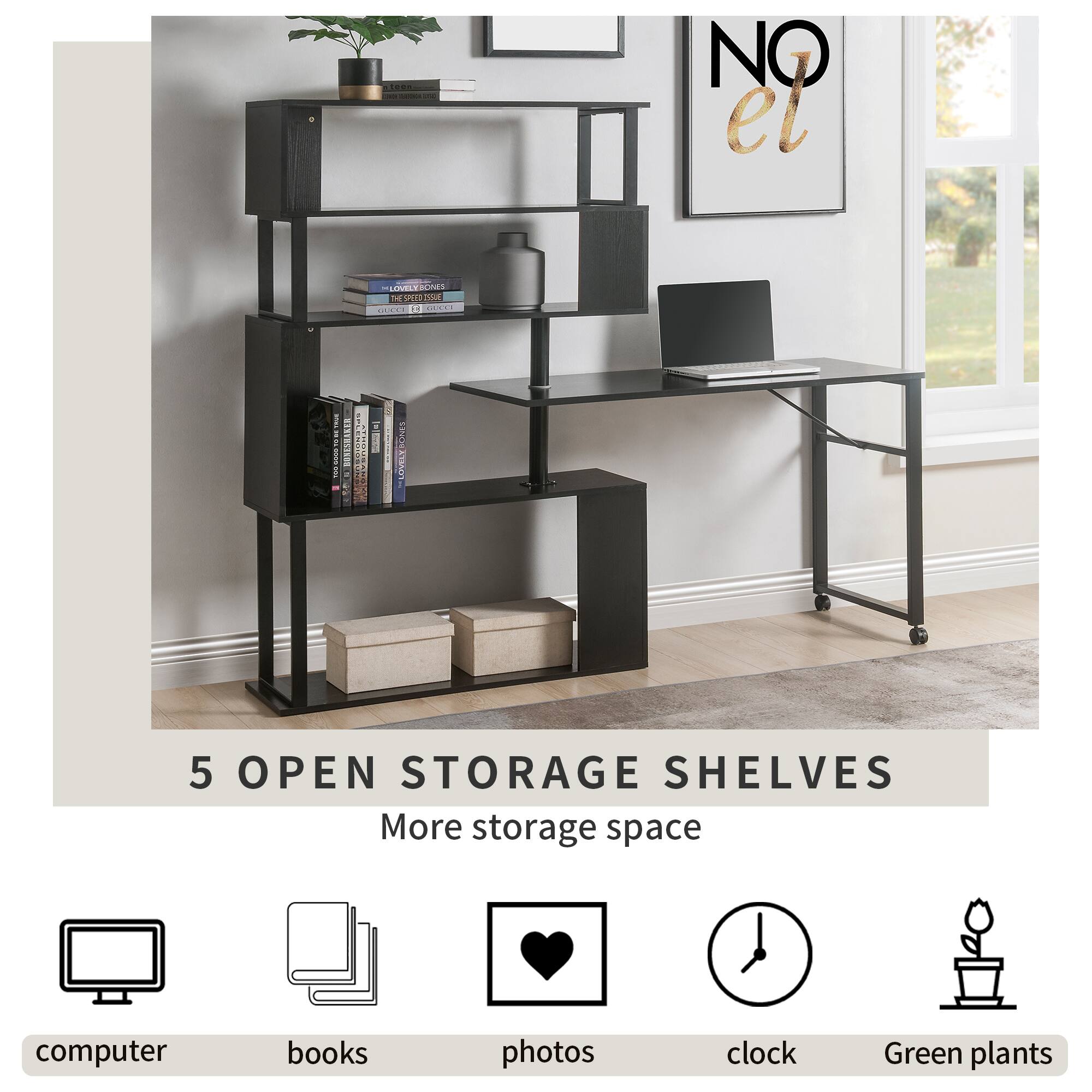 5 OPEN STORAGE SHELVES  
More storage space  

computer  
books  
photos  
clock  
Green plants