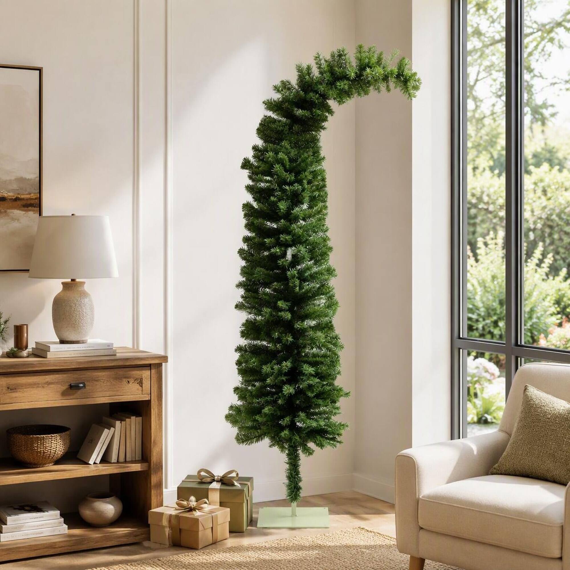 Back. RYHNUYNE - Pencil Christmas Tree, Bendable Artificial Branches 400 Branch Tips Sturdy Base Slim Space-Saving Holiday Decor - Green.