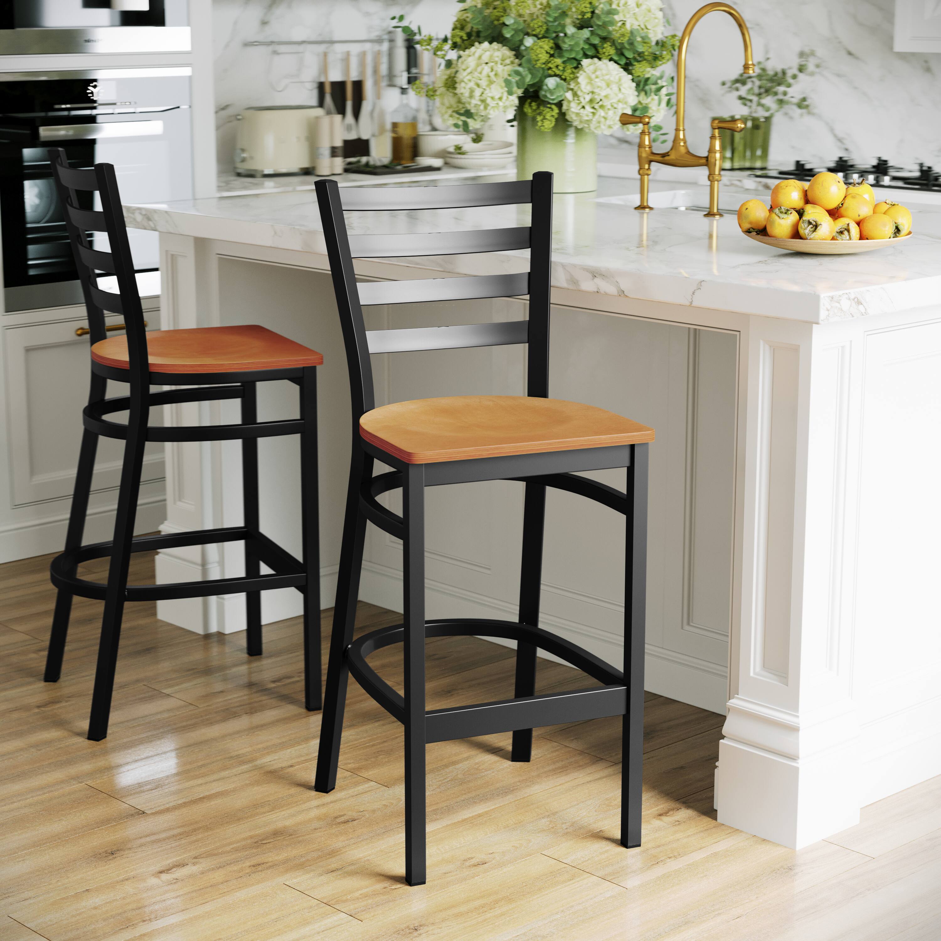 Alt View 4. Emma + Oliver - 2 Pack Ladder Back Metal Restaurant Barstool - Natural Wood Seat/Black Metal Frame.