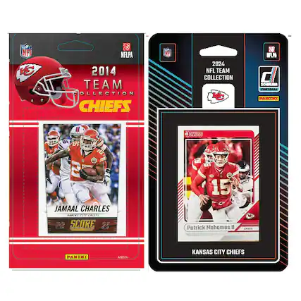 **2014 NFL TEAM COLLECTION CHIEFS**
- JAMAAL CHARLES
KANSAS CITY CHIEFS
RB
SCORE 25
**2024 NFL TEAM COLLECTION**
- Patrick Mahomes II
KANSAS CITY CHIEFS
**Ages 9+**
