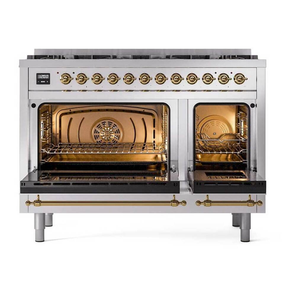 Alt View 3. ILVE - ILVE Nostalgie II 48 inch Dual Fuel Range with 8 Black Brass Sealed Burners (Limited Edition) (Stainless Steel, Brass) - Stainless Steel.