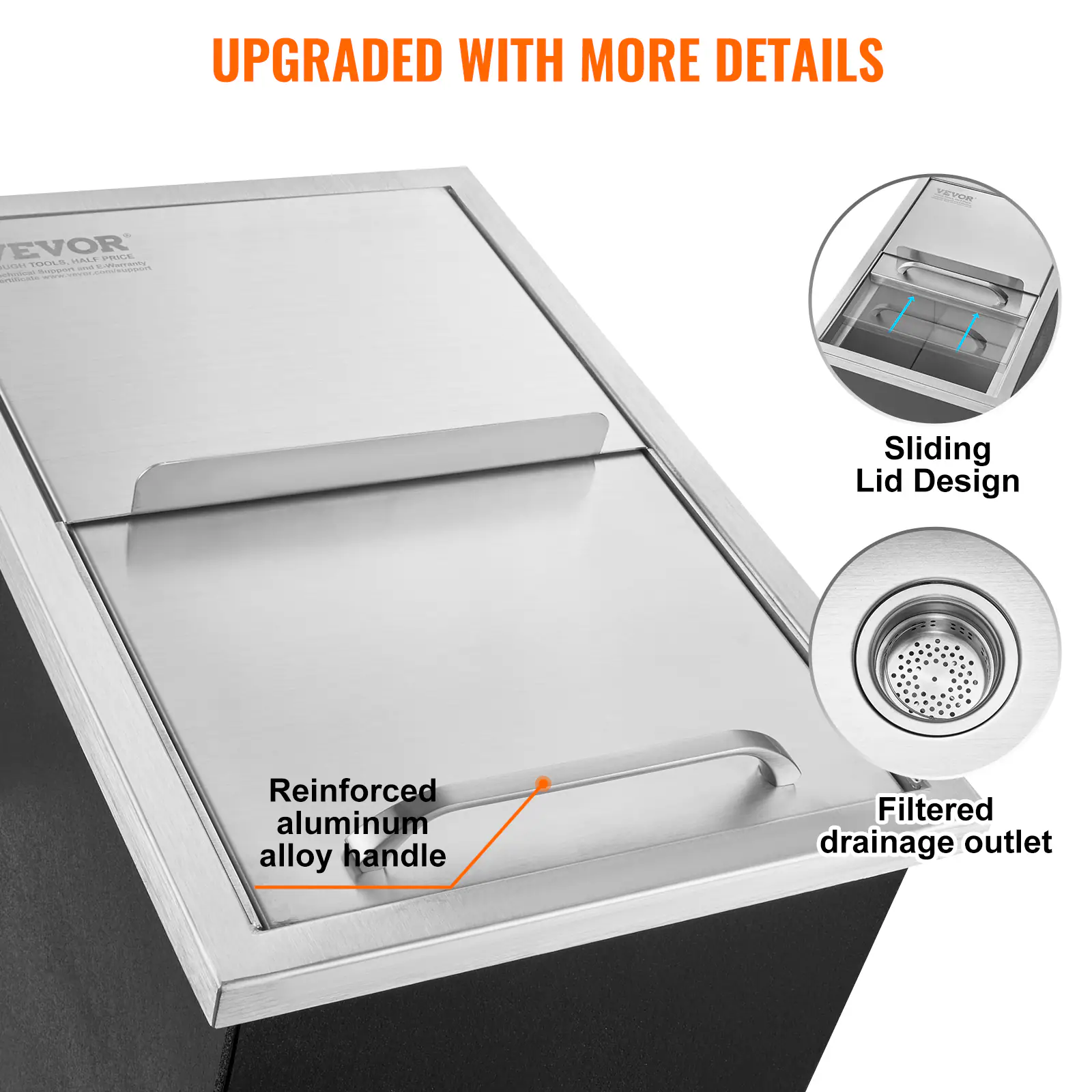 UPGRADED WITH MORE DETAILS

- Sliding Lid Design
- Reinforced aluminum alloy handle
- Filtered drainage outlet