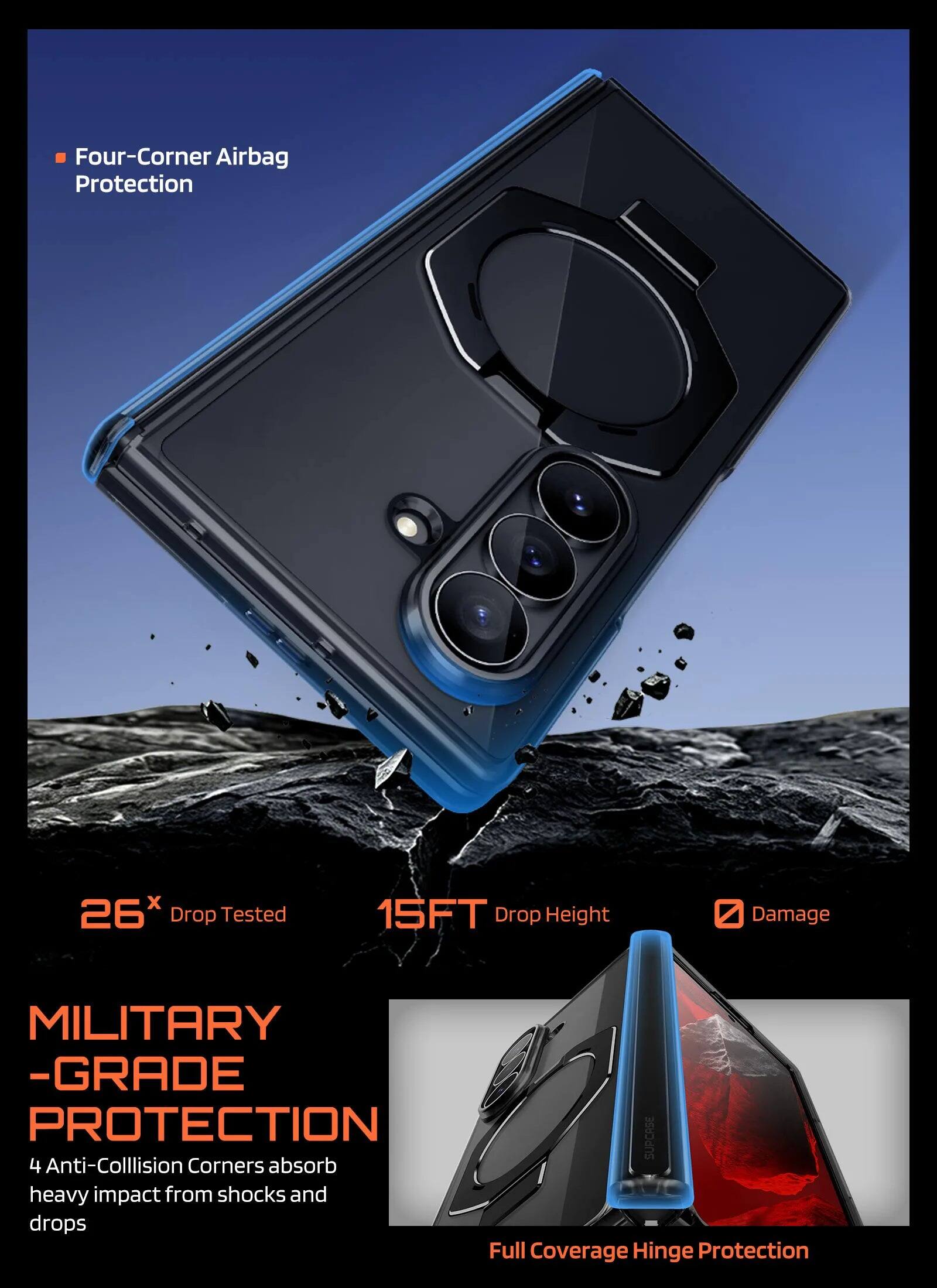 Four-Corner Airbag Protection  
26x Drop Tested  
15FT Drop Height  
Damage  
MILITARY -GRADE PROTECTION  
4 Anti-Collision Corners absorb heavy impact from shocks and drops  
Full Coverage Hinge Protection