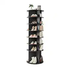 Front. VEVOR - 7 Tiers Rotating Shoe Rack Tower, 360° Spinning Shoe Rack, Revolving Storage Round Carousel Display - Black.
