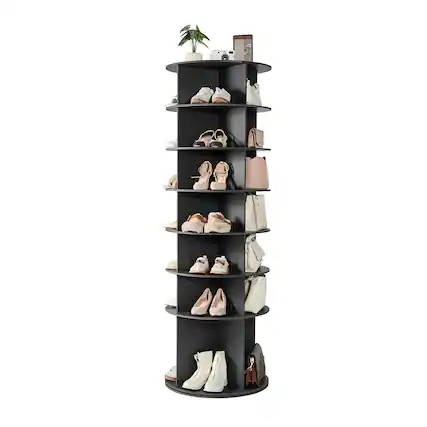 Front. VEVOR - 7 Tiers Rotating Shoe Rack Tower, 360° Spinning Shoe Rack, Revolving Storage Round Carousel Display - Black.