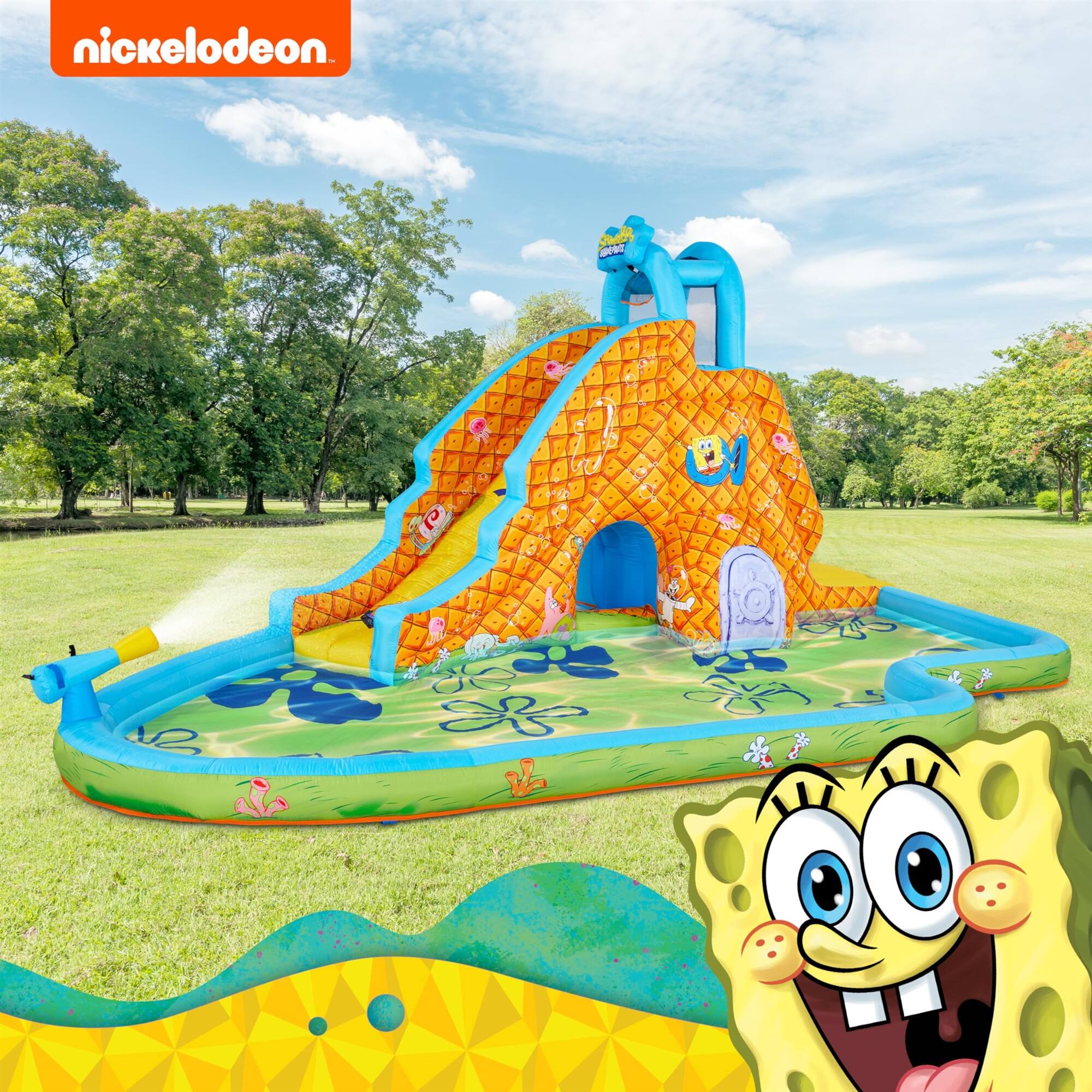 Alt View 5. Sunny & Fun - SpongeBob Slide ‘N Spray Inflatable Water Slide with Climbing Wall, Splash Down Pool & More.
