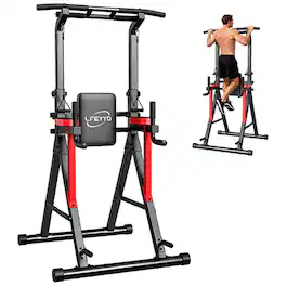 Pooboo - Power Tower Pull Up Bar Free Standing 13-Level Adjustable Height Home Gym Strength Training Equipment - Black