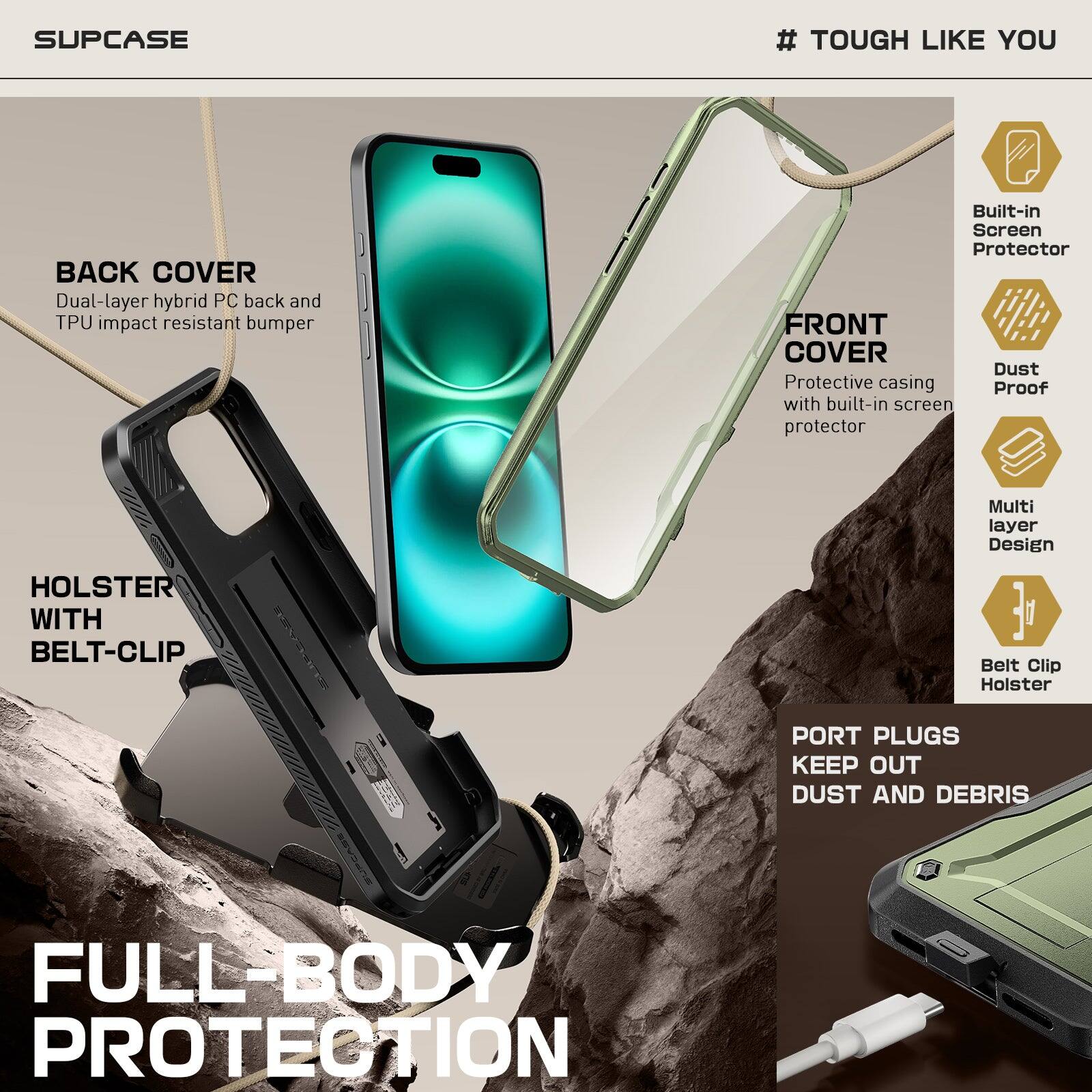 Here is the corrected and grouped text:

**SUPCASE # TOUGH LIKE YOU**

- **BACK COVER**
  - Dual-layer hybrid PC back and TPU impact-resistant bumper
  - Built-in screen protector

- **FRONT COVER**
  - Dust protective casing with built-in screen protector
  - Multi-layer design

- **HOLSTER WITH BELT-CLIP**
  - Belt clip holster

- **PORT PLUGS**
  - Keep out dust and debris

- **FULL-BODY PROTECTION**