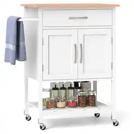 Gymax - Rolling Kitchen Island Cart w/ Drawer 2-Door Storage Cabinet Bottom Tray - Whtie