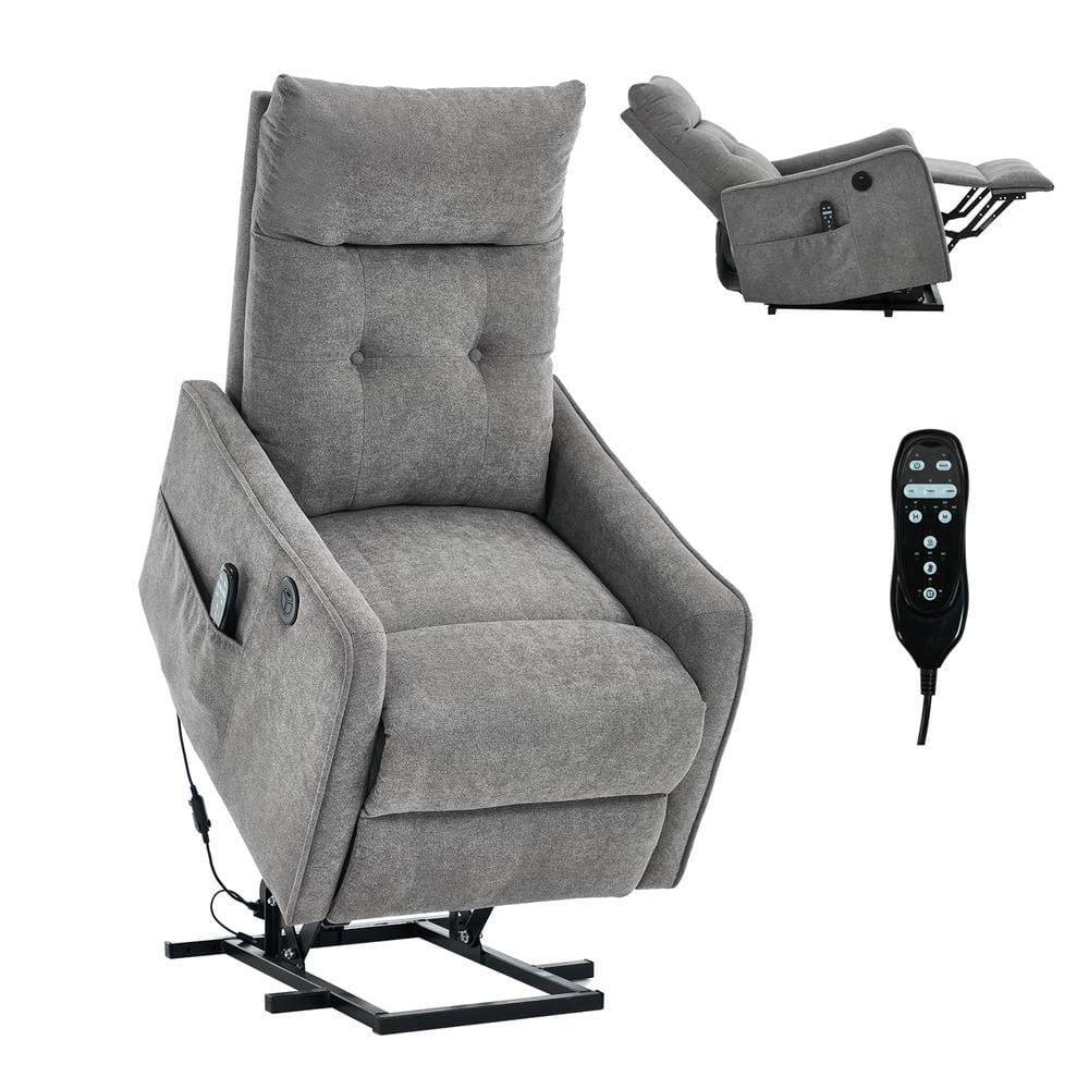 Left. Kadyn - Power Lift Recliner Chair, Single Motor Massage & Heat, USB Port, 155° Recline, Chenille Fabric, Light Gray - Gray.