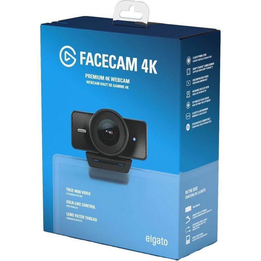 FACECAM 4K  
PREMIUM 4K WEBCAM  
WEB CAM HAUT DE GAMME 4K  

TRUE 4K60 VIDEO  
STUNNING PICTURE  
DSLR-LIKE CONTROL  
HDR ENABLED  
LENS FILTER THREAD  
CINEMATIC EFFECTS  

IN THE BOX  
CONTENU DE LA BOITE  

- FACECAM 4K  
- CABLE USB-C  
- CABLE USB-C TO USB-A  
- MANUAL  
- SOFTWARE DOWNLOAD  
- ELGATO PLUG-IN MEMORY  
- REMOTE CONTROL BATTERIES  
- ELGATO PLUG-IN MEMORY  
- REMOTE CONTROL BATTERIES  
- ELGATO PLUG-IN MEMORY  
- REMOTE CONTROL BATTERIES  
- ELGATO PLUG-IN MEMORY  
- REMOTE CONTROL BATTERIES  
- ELGATO PLUG-IN MEMORY  
- REMOTE CONTROL BATTERIES  
- ELGATO PLUG-IN MEMORY  
- REMOTE CONTROL BATTERIES  
- ELGATO PLUG-IN MEMORY  
- REMOTE CONTROL BATTERIES  
- ELGATO PLUG-IN MEMORY  
- REMOTE CONTROL BATTERIES  
- ELGATO PLUG-IN MEMORY  
- REMOTE CONTROL BATTERIES  
