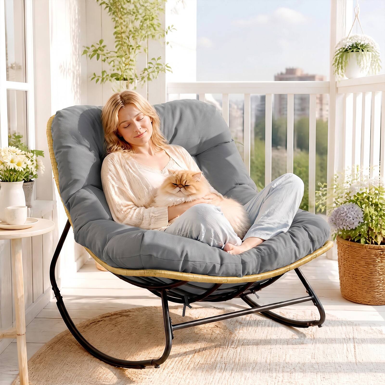 Alt View 4. Costway - Costway Outdoor Oversized Egg-Shaped Outdoor Papasan Rocking Chair With Thick Cushioned Seat - Gray.