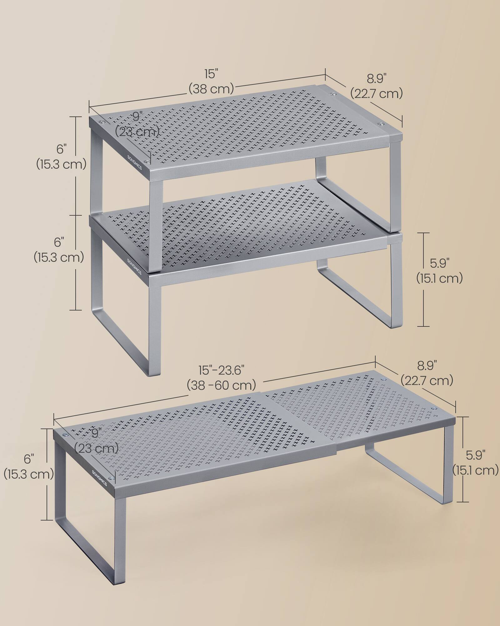 15" (38 cm)  
8.9" (22.7 cm)  
6" (15.3 cm)  
(23-cm)  
SRACS  
6" (15.3 cm)  
5.9" (15.1 cm)  
15"-23.6" (38-60 cm)  
8.9" (22.7 cm)  
1 6" (15.3 cm)  
9 23 cm)  
5.9" (15.1 cm)