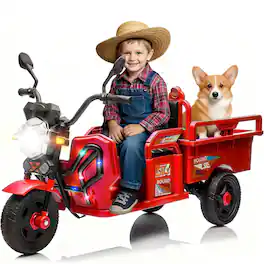 Chateau Abodes - 12V Kids 3-Wheel Ride-On Cargo Car with Large Storage Space, LED Lights & Music - Red