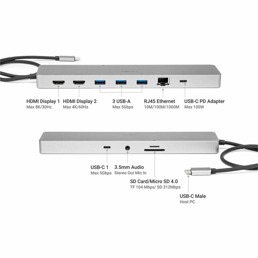 HDMI Display 1  
Max 8K/30Hz  

HDMI Display 2  
Max 4K/60Hz  

3 USB-A  
Max 5Gbps  

RJ45 Ethernet  
10M/100M/1000M  

USB-C PD Adapter  
Max 100W  

USB-C 1  
Max 5Gbps  

3.5mm Audio  
Stereo Out Mic In  

SD Card/Micro SD 4.0  
TF 104 Mbps/ SD 312Mbps  

USB-C Male Host PC