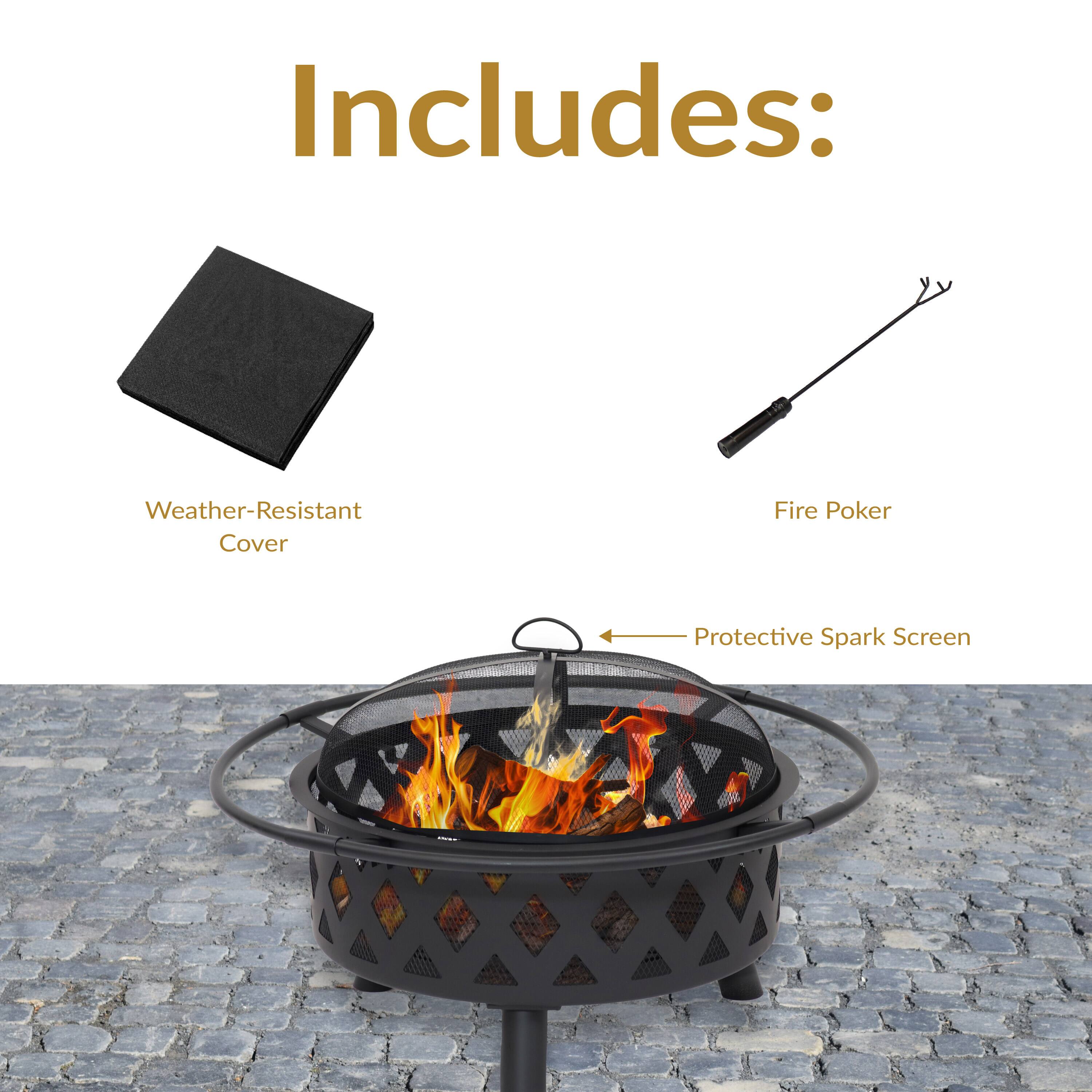 Includes:

- Weather-Resistant Cover
- Fire Poker
- Protective Spark Screen