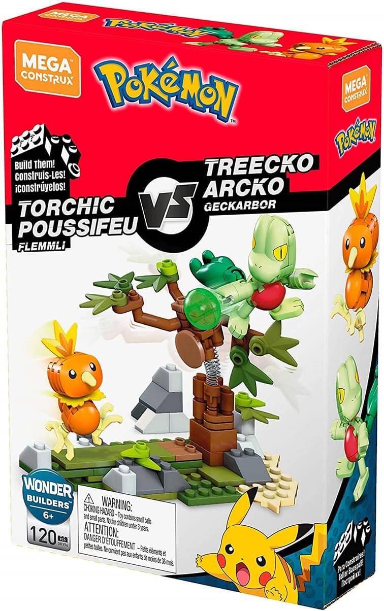 Mega Construx  
Pokémon  
Treecko vs Torchic  
Treecko / Geckabur / Torchic / Poussifeu / Flemmi  
Build Them! Construis-Le! Constrúyelos!  
Wonder Builders  
6+  
120 pieces  
Choking Hazard - Toy contains small balls and small parts. Not for children under 3 years.  
Attention: Danger d'étouffement - Petits éléments et petites balles. Ne convient pas aux enfants de moins de 36 mois.