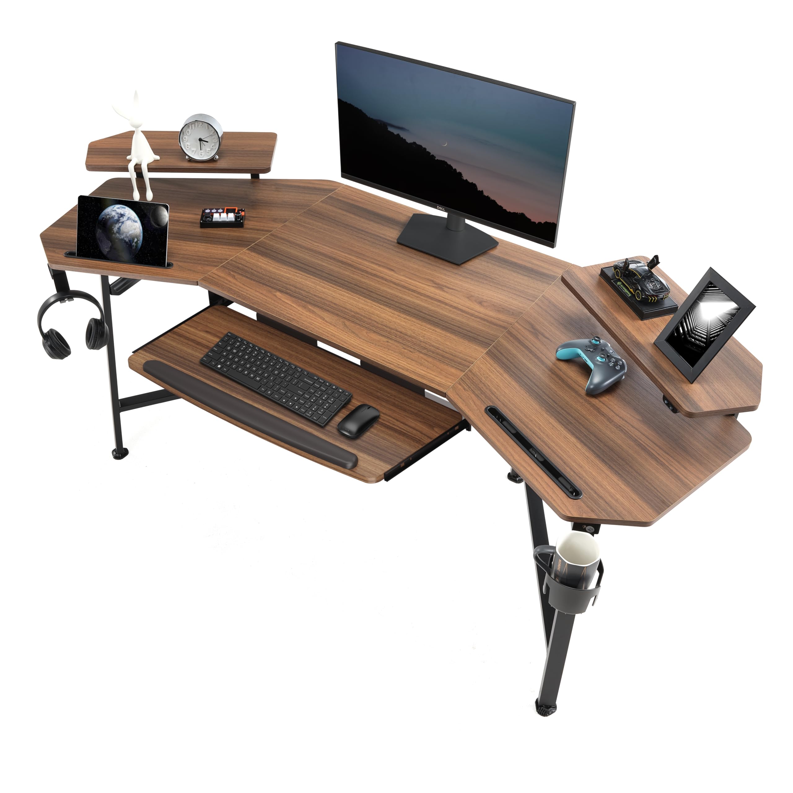 Angle. Eureka Ergonomic - 72" Wing-Shaped Gaming Desk with Keyboard Tray, Dual RGB Monitor Shelves & Headphone Hooks for Recording Live Streame - Walnut.