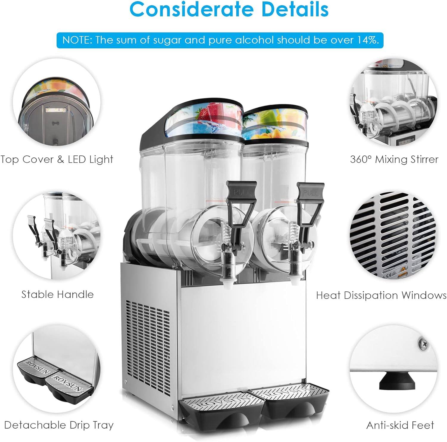 Considerate Details

NOTE: The sum of sugar and pure alcohol should be over 14%.

- Top Cover & LED Light
- 360° Mixing Stirrer
- Stable Handle
- Heat Dissipation Windows
- Detachable Drip Tray
- Anti-skid Feet