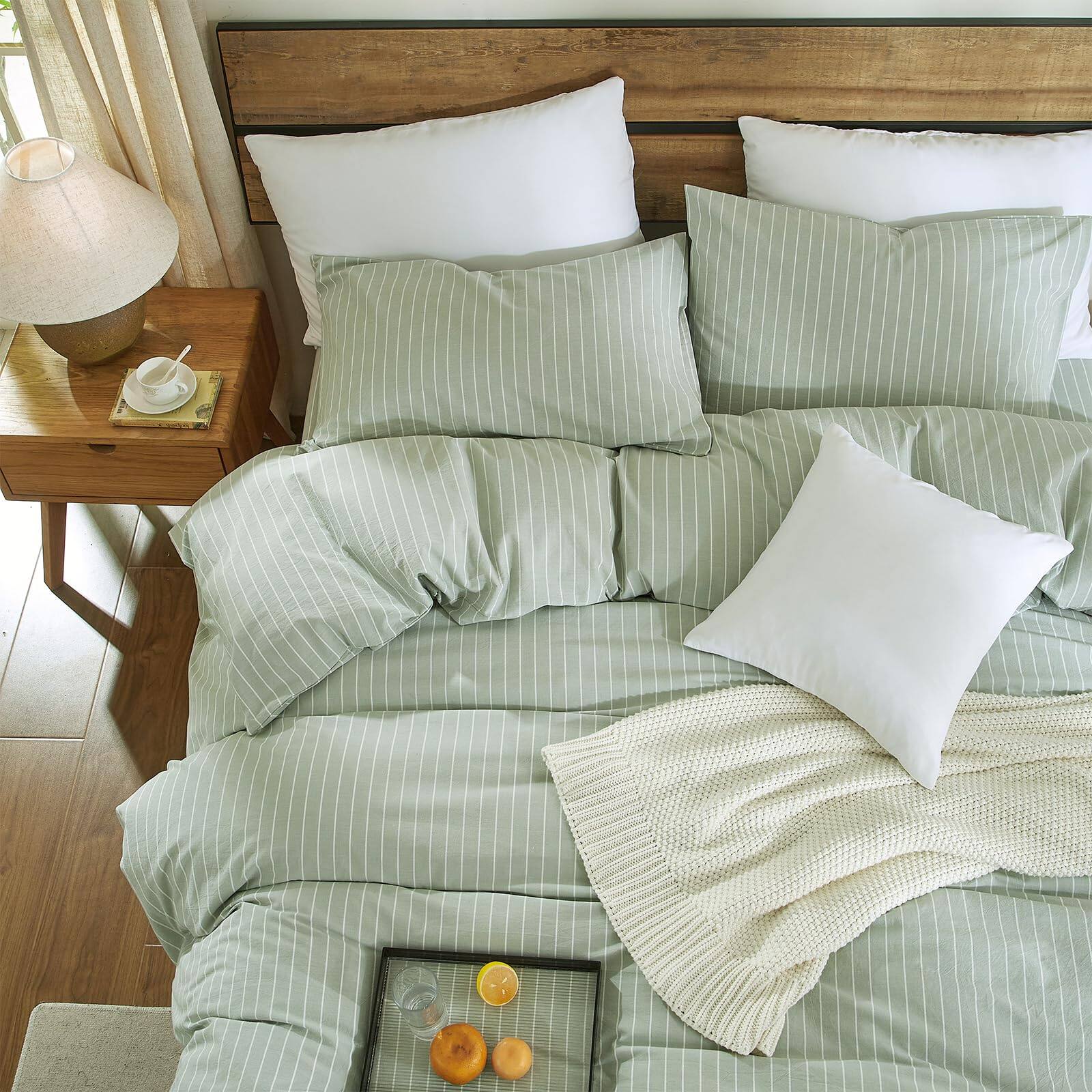 Alt View 1. PO3TICJUNKI3 - Striped Duvet Cover Set Washed Cotton Linen Feel Wrinkle Comfy Lightweight Bedding full Wide Stripe - Wide Stripe-white/Green-Full(80" x 90").