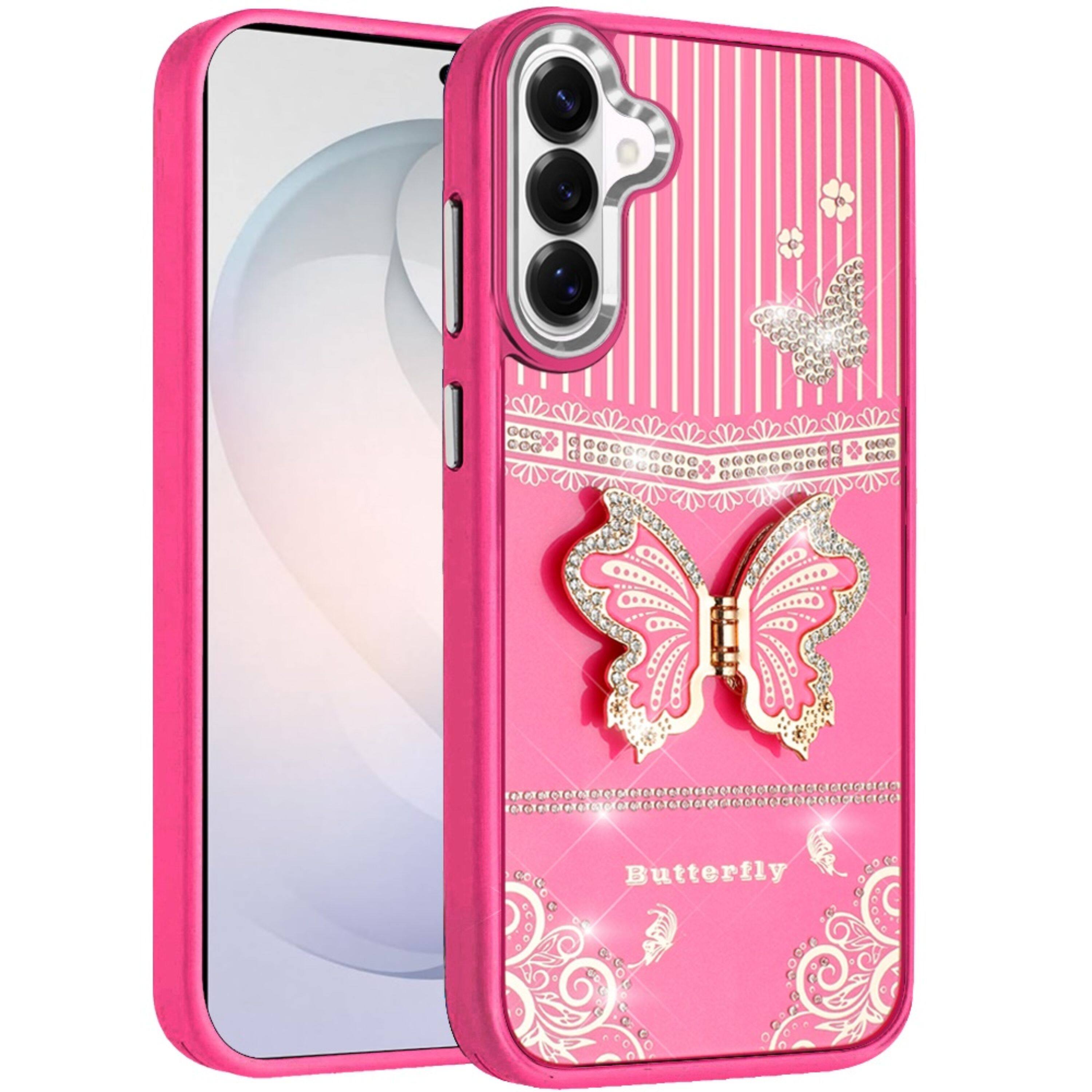 Angle. Kitcheniva - Glamorous 3D Butterfly Bling Charm Stand Case With Tempered Glass For Samsung S26 FE Hot Pink - Hot Pink.