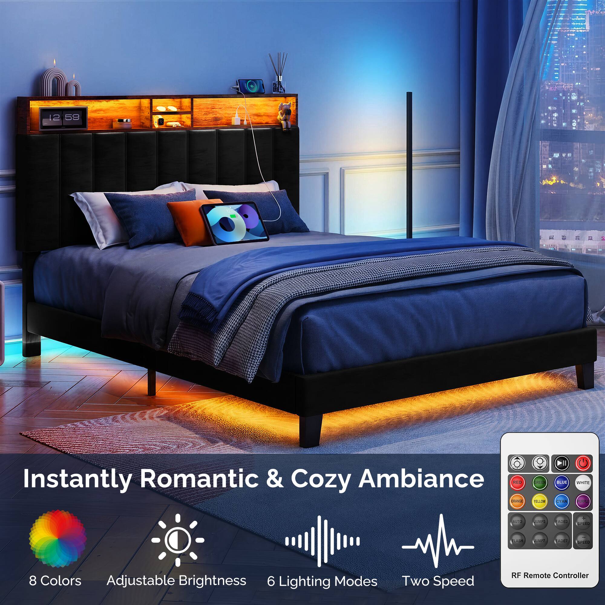 Instantly Romantic & Cozy Ambiance

- 8 Colors
- Adjustable Brightness
- 6 Lighting Modes
- Two Speed
- RF Remote Controller