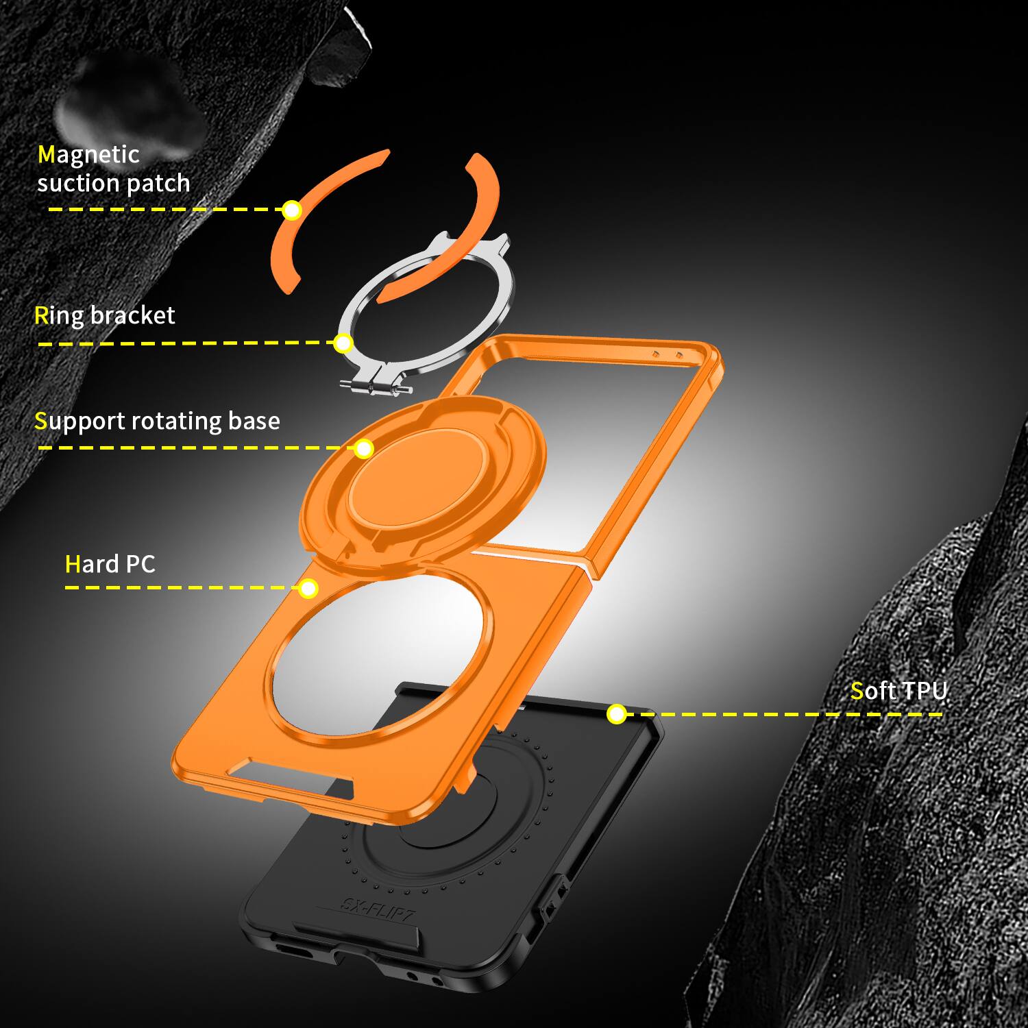Magnetic suction patch  
Ring bracket  
Support rotating base  
Hard PC  
Soft TPU  
SX-FLIP7
