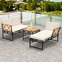 Mondawe - Freestanding L-Shaped Acacia Wood Patio Set with Loveseat, Sofa & Table 3-Piece - Beige