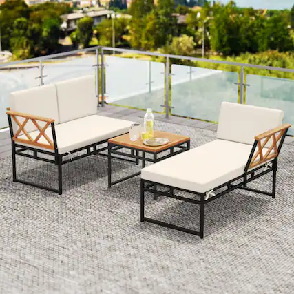 Front. Mondawe - Freestanding L-Shaped Acacia Wood Patio Set with Loveseat, Sofa & Table 3-Piece - Beige.