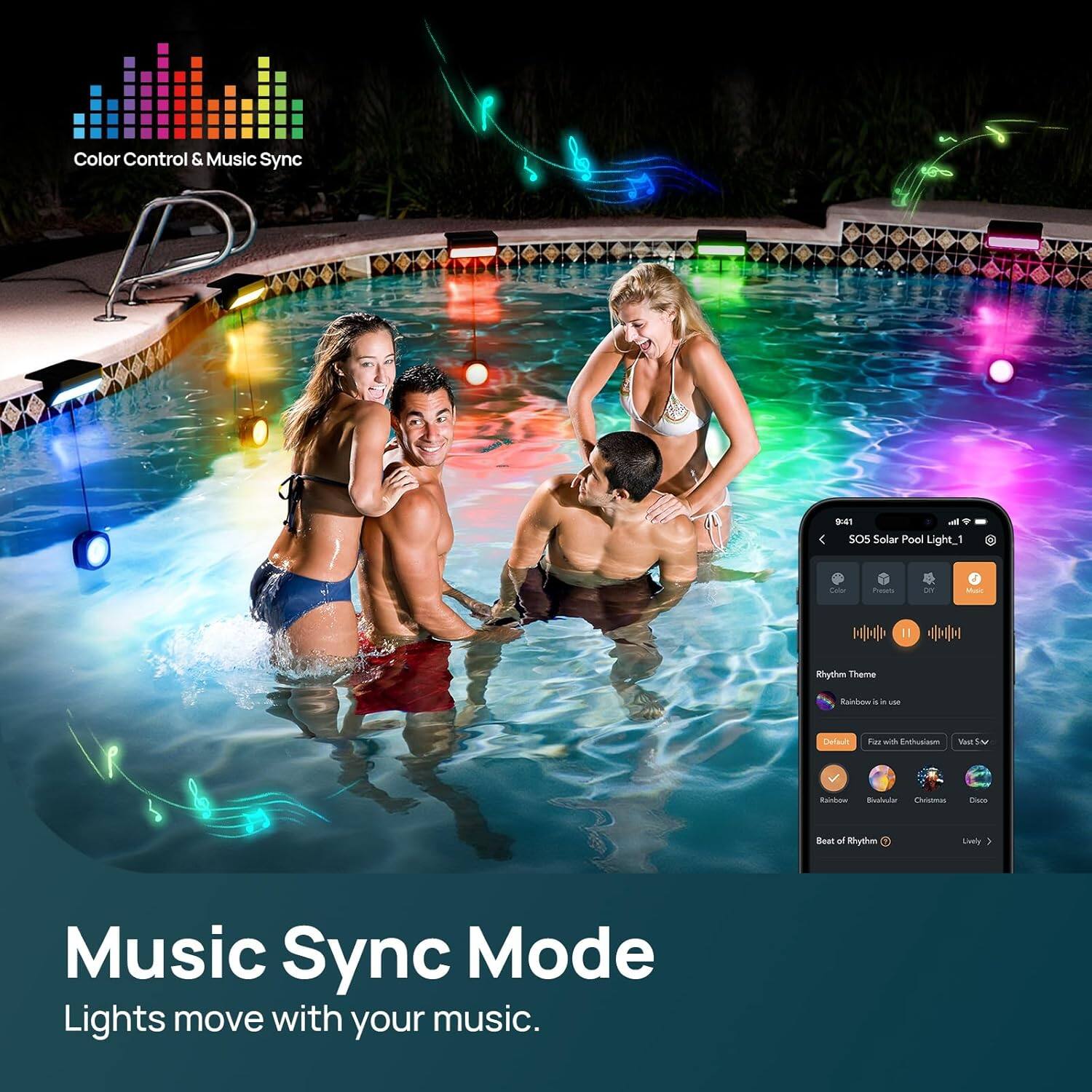 Color Control & Music Sync

9:41 SOS Solar Pool Light_1

Music Sync Mode
Lights move with your music.
