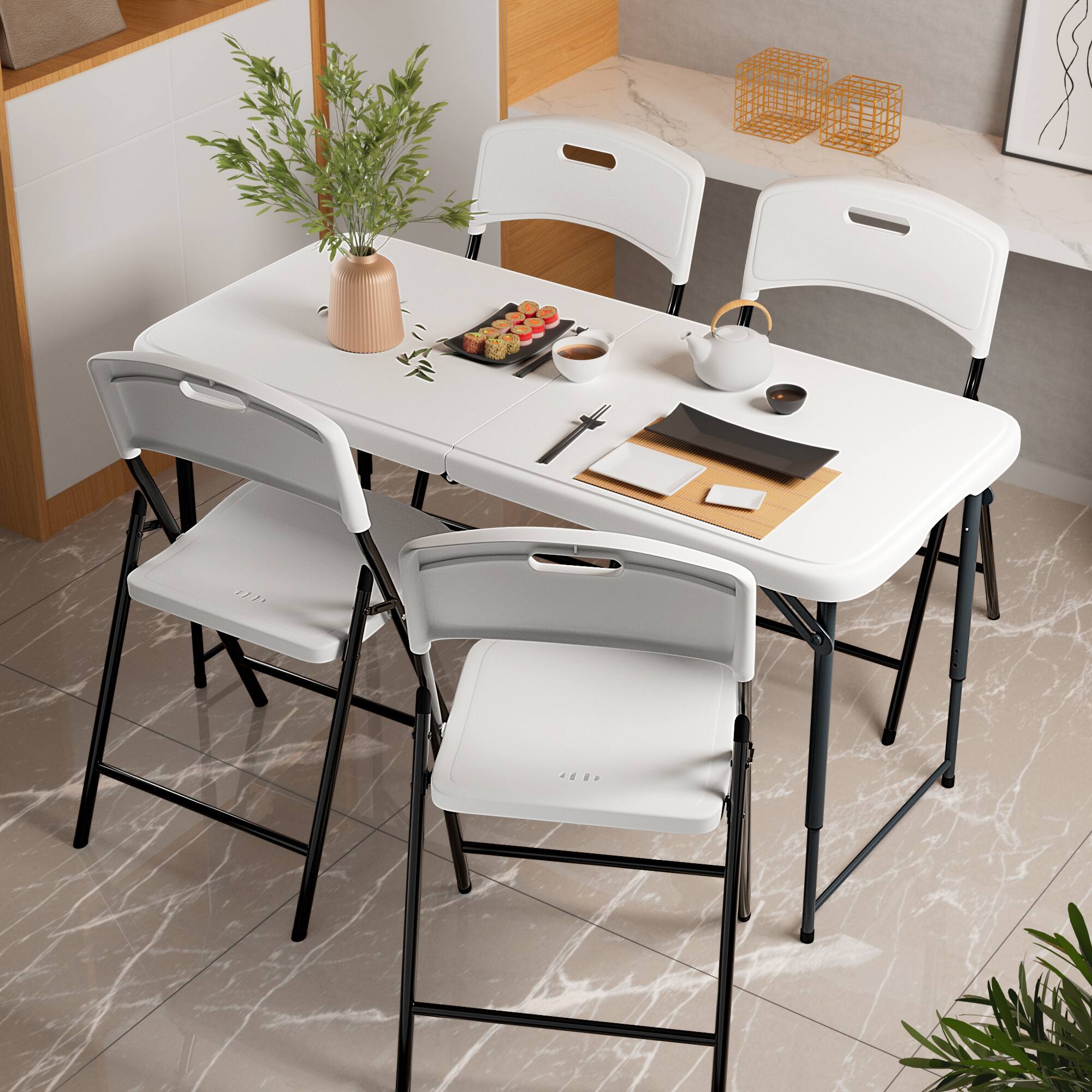 Left. Decksplore - 48x24 Inch Portable Folding Table, Height-Adjustable for Indoor/Outdoor Events. Durable Plastic, Folds for Easy Storage. - White.