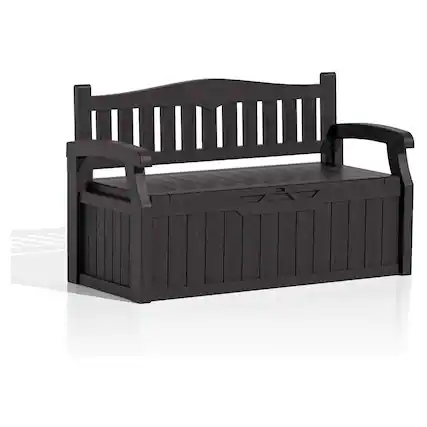 Front. SlickBlue - Heavy Duty Plastic Outdoor Storage Bench for Garden, Patio, or Deck - Brown.