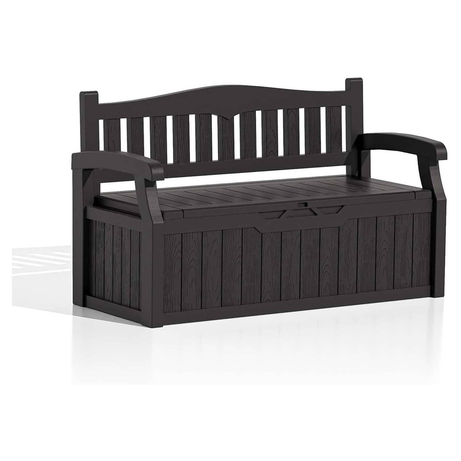 Front. SlickBlue - Heavy Duty Plastic Outdoor Storage Bench for Garden, Patio, or Deck - Brown.