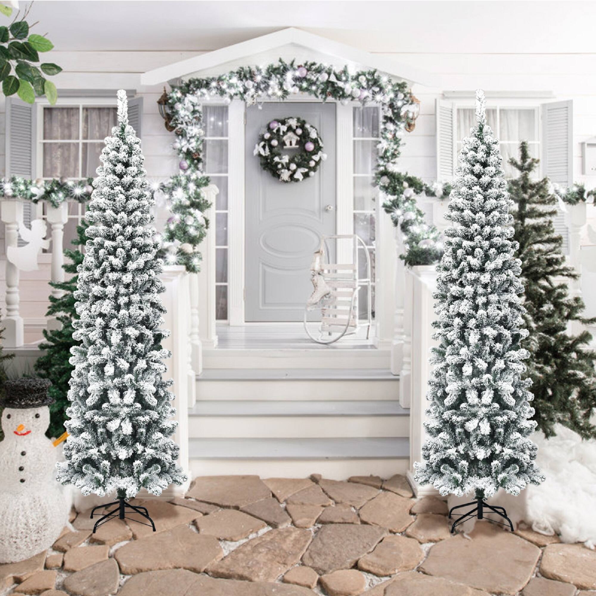Alt View 13. Costway - 7.5Ft Unlit Hinged Snow Flocked Artificial Pencil Christmas Tree with 641 Tips - Green/White.