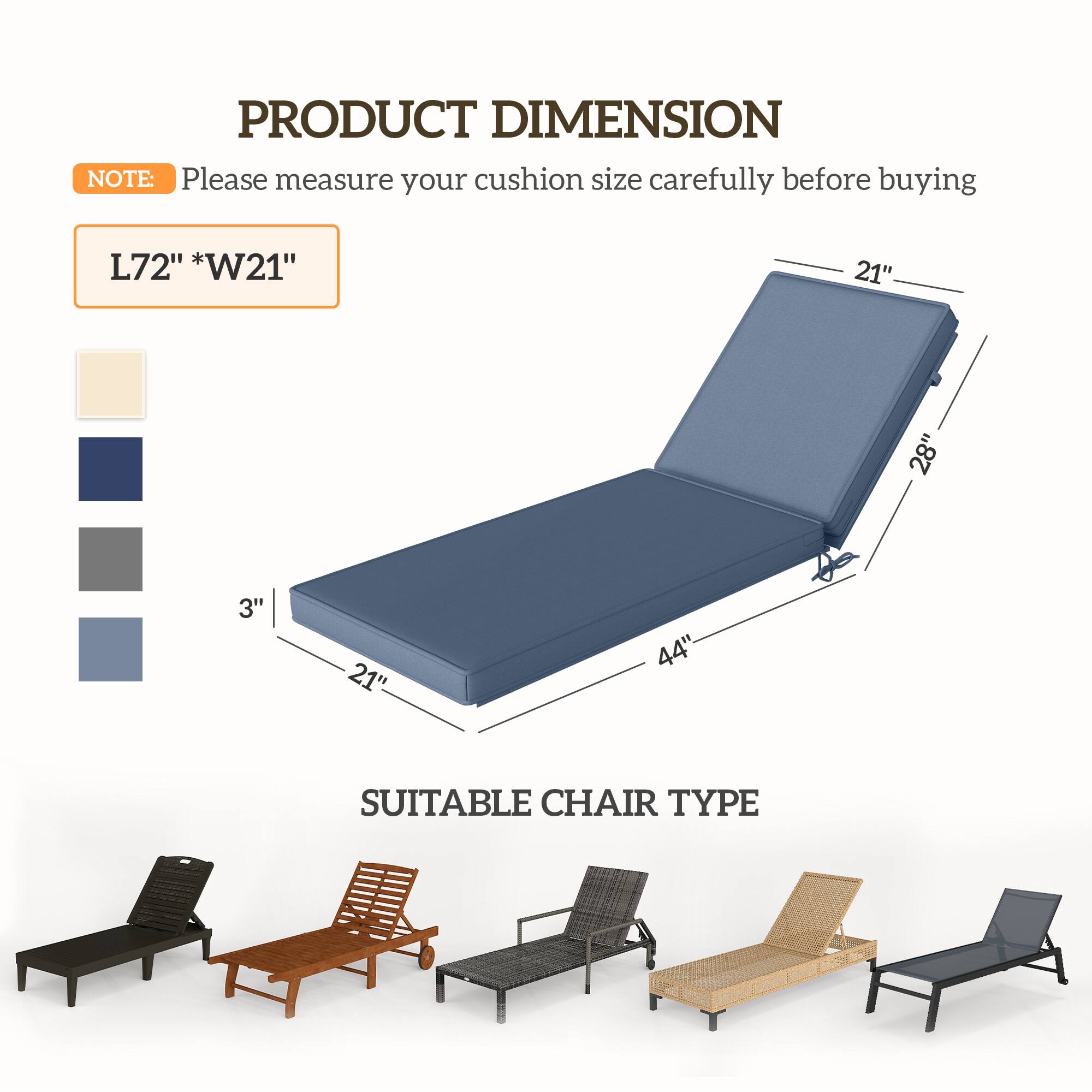 PRODUCT DIMENSION, NOTE: Please measure your cushion size carefully before buying, L72" *W21", 21", 28", 3", 21", 44", SUITABLE CHAIR TYPE