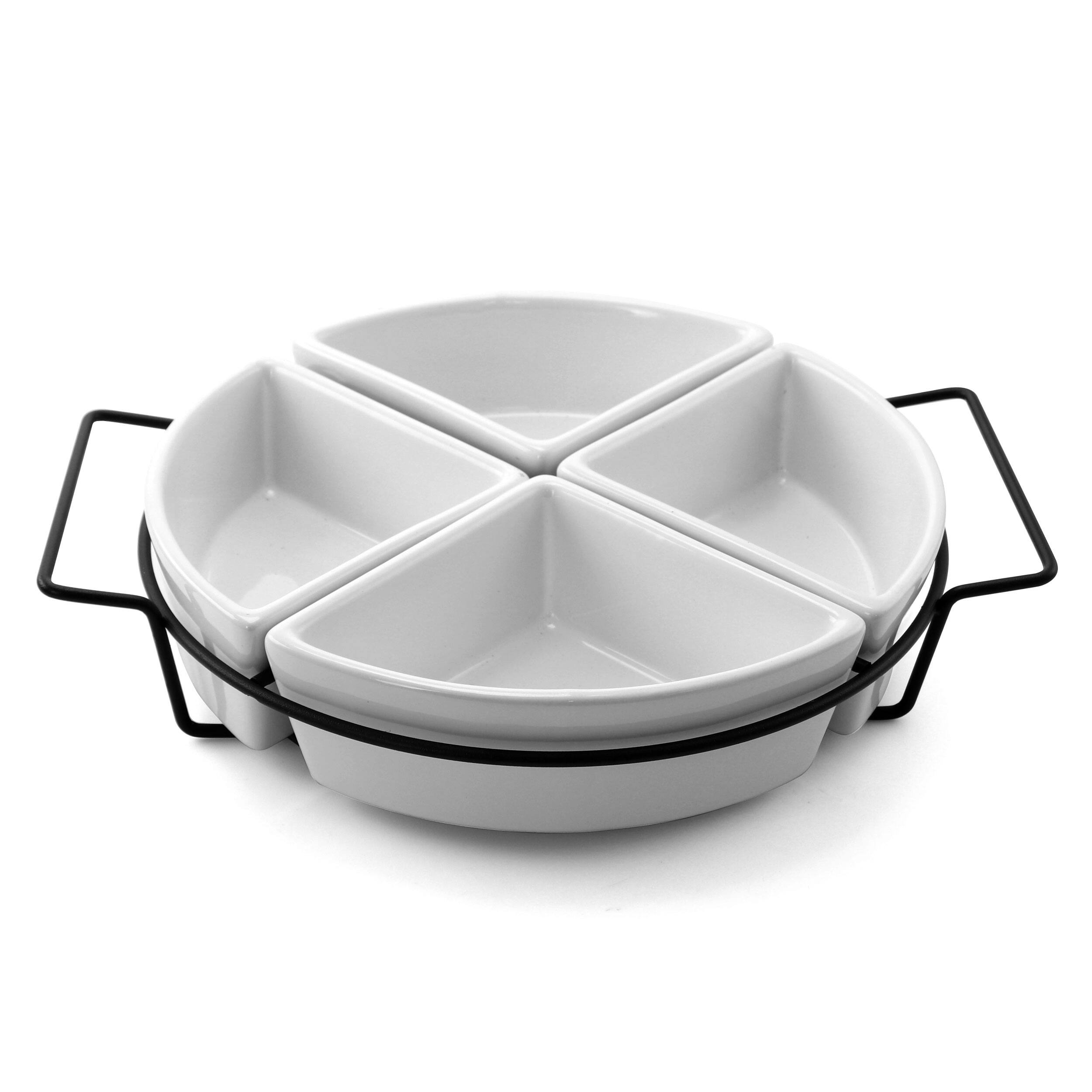 Gibson - Gracious Fine Ceramic Dining Four Section Tray Set with Metal Rack - White