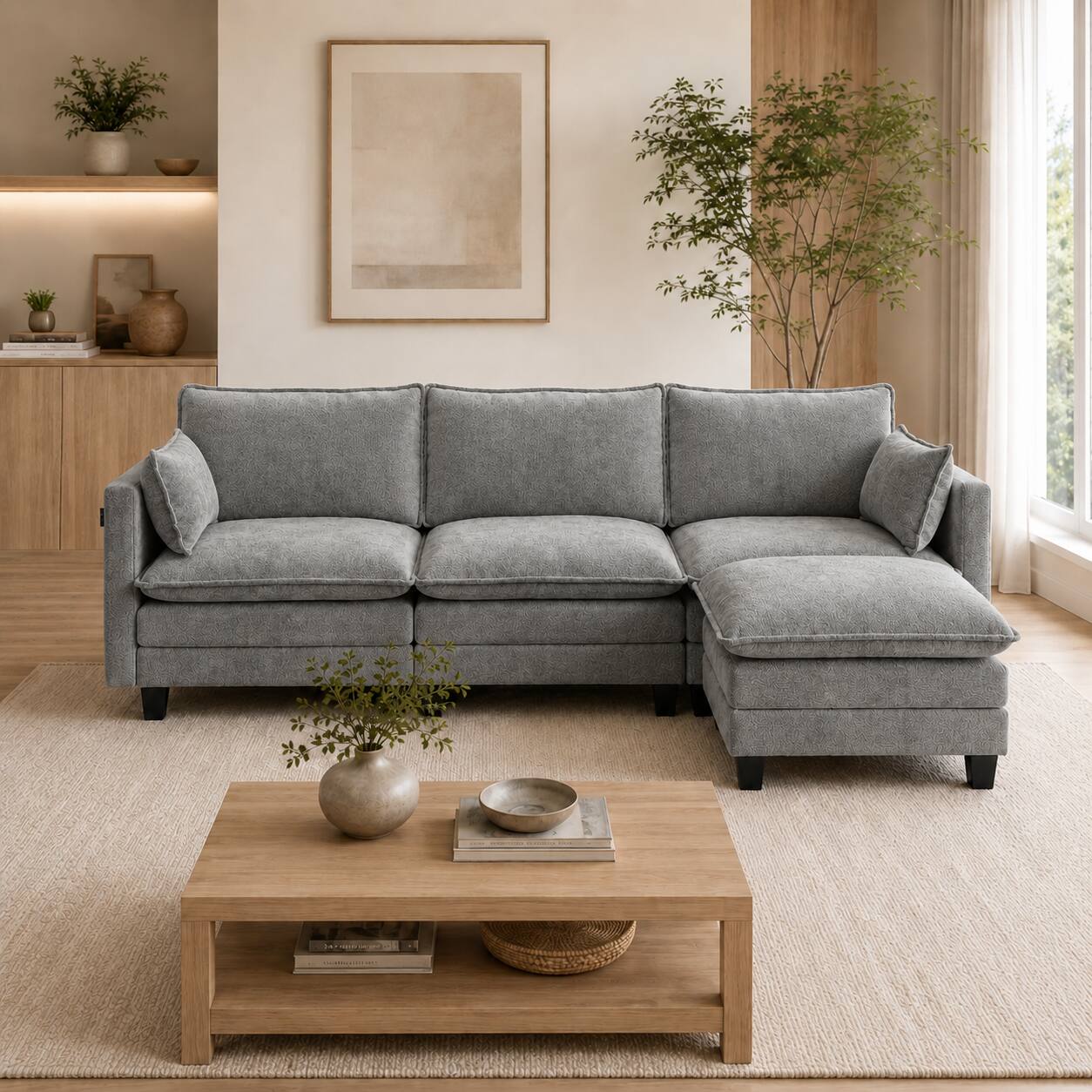 Angle. Anysun - Modern Chenille 3-Seat Couch with Matching Ottoman, Built-in USB Ports and Side Pockets - Dark Grey.