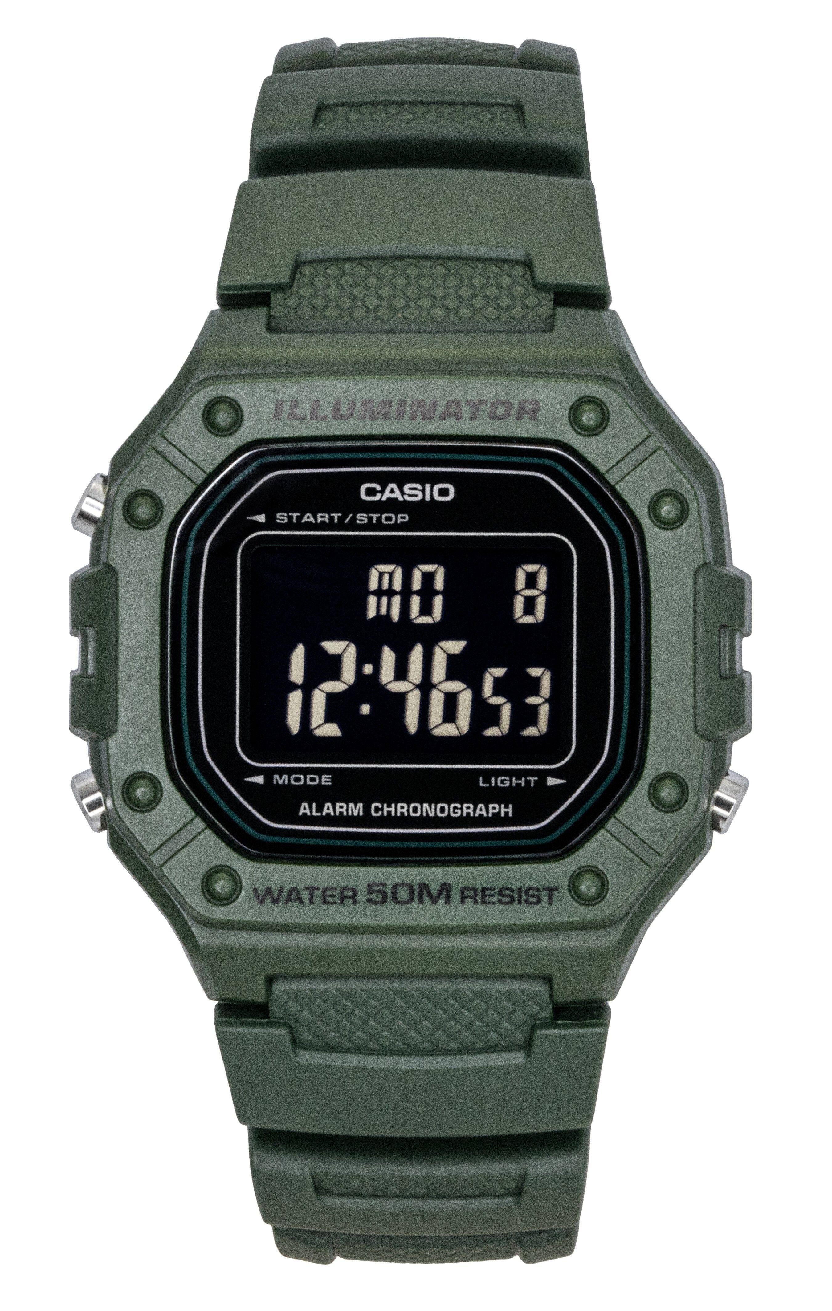 Casio - Illuminator Digital Resin Strap Quartz W-218H-3BV Men's Watch - Green and black