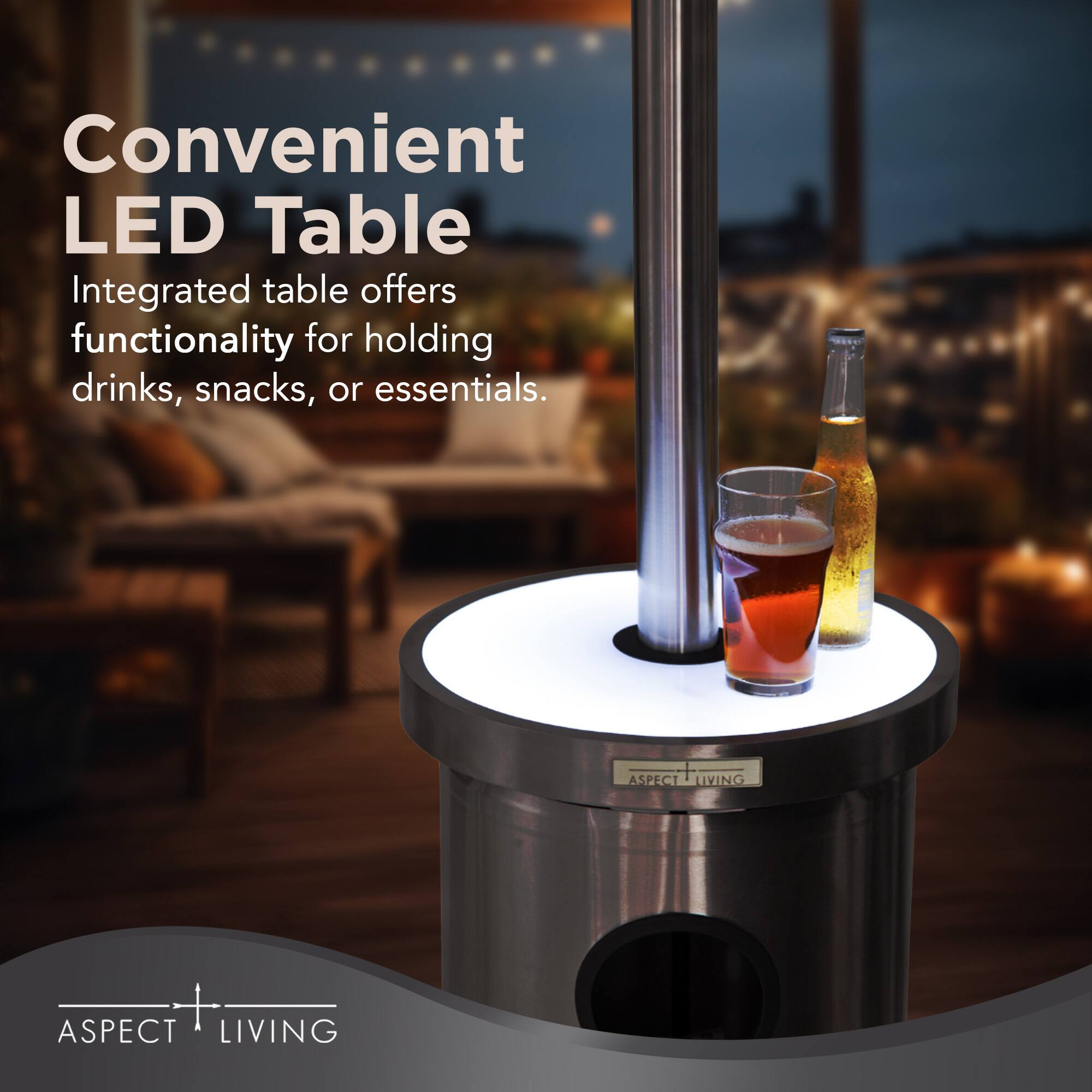 Convenient LED Table Integrated table offers functionality for holding drinks, snacks, or essentials. Aspect Living.