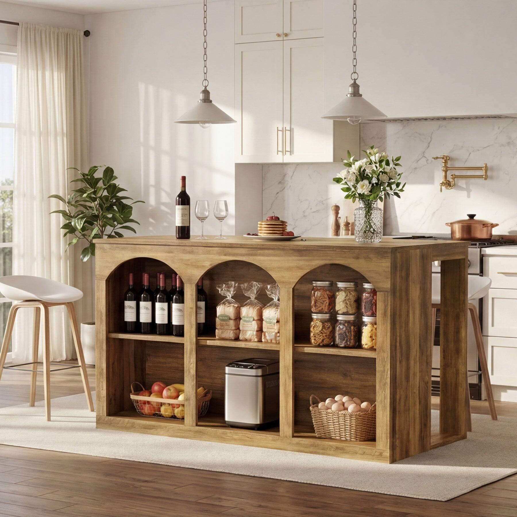 Alt View 2. Tribesigns - Kitchen Island with Engineered Wood Construction, Storage Shelves and Adjustable Feet for Kitchen - Brown.
