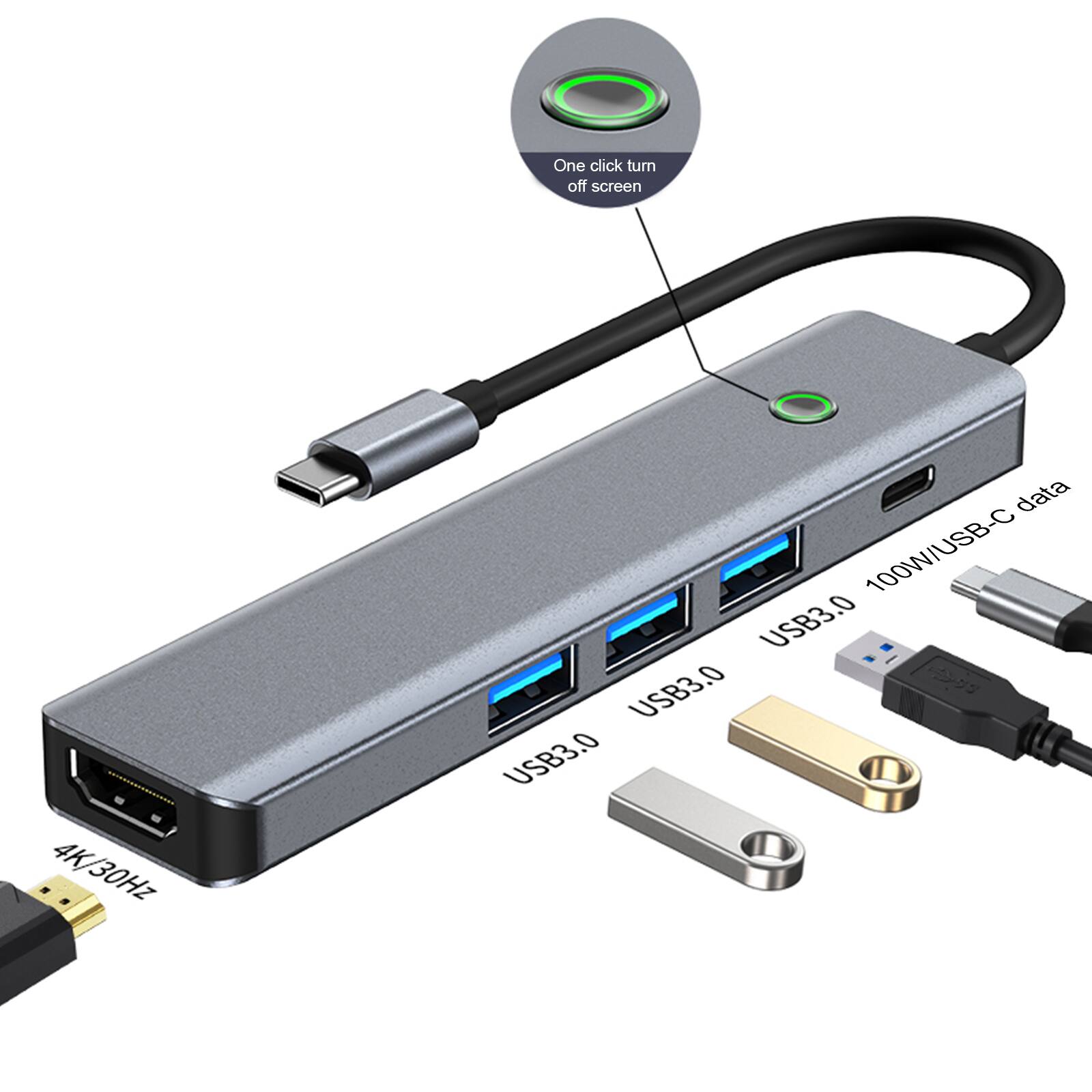 One click turn off screen  
4K/30Hz  
100W/USB-C  
USB3.0  
USB3.0  
USB3.0