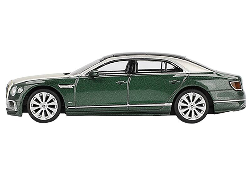 Angle. Mini GT - Bentley Flying Spur White Sand and Verdant Green Metallic with Black Top Limited Edition 1/64 - White, Green, Black.