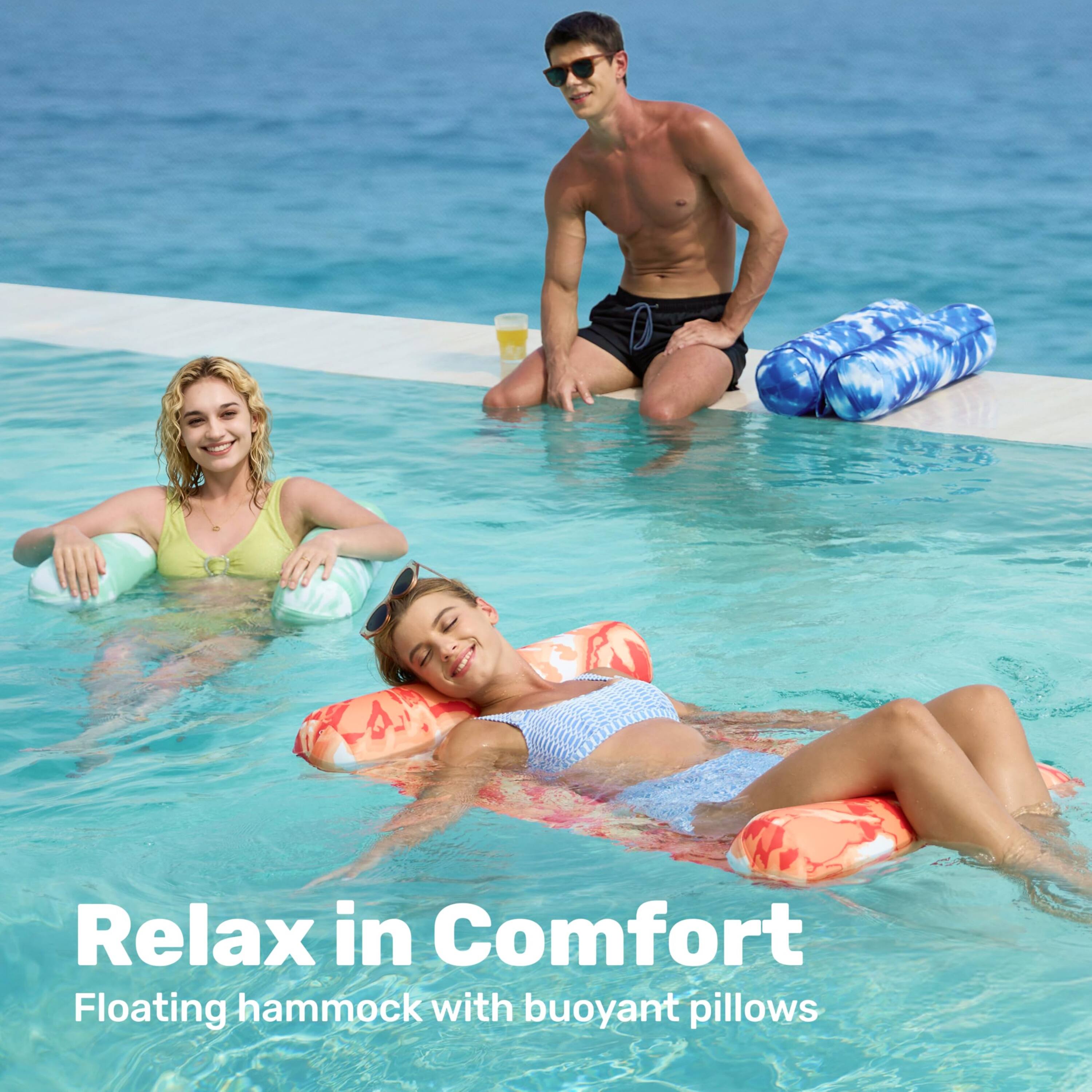 Relax in Comfort  
Floating hammock with buoyant pillows