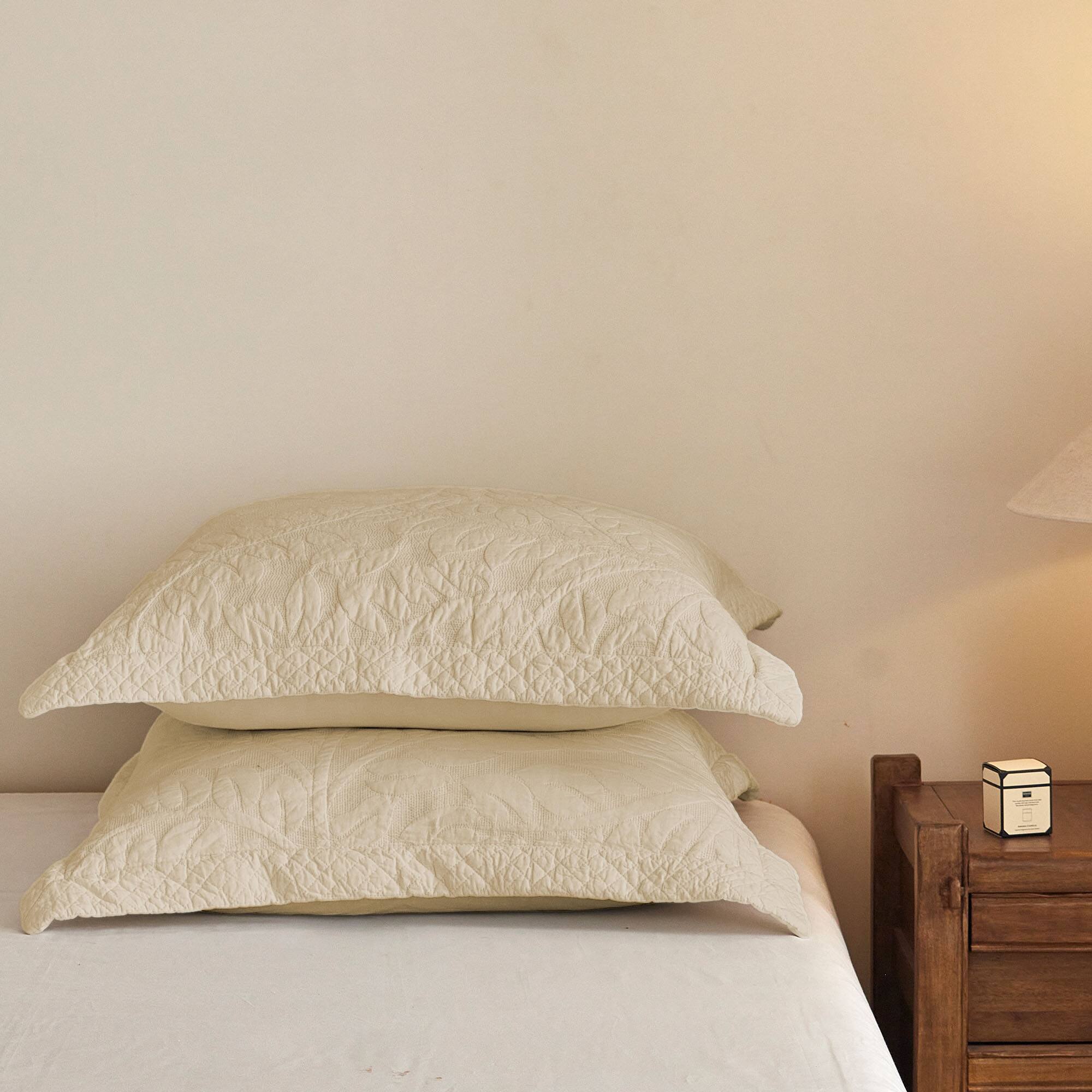 Alt View 1. MarCielo - 100% Cotton Embroidered Quilted Pillow Shams Set of 2, 26"x26" Euro Size - Natural Beige.